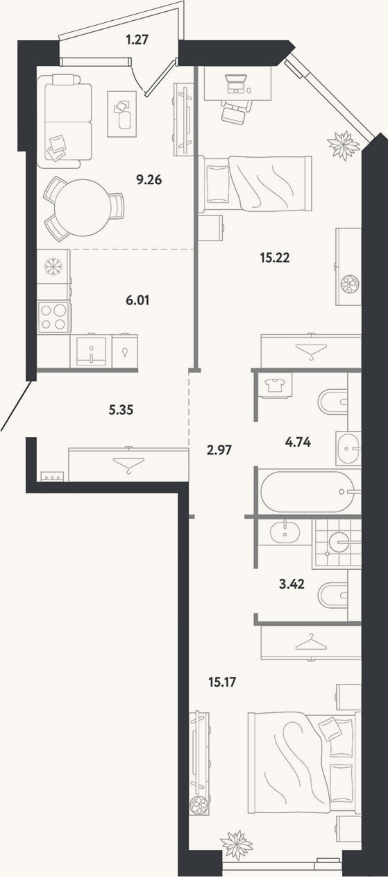 Планировка: 2-к, 62,1 м²