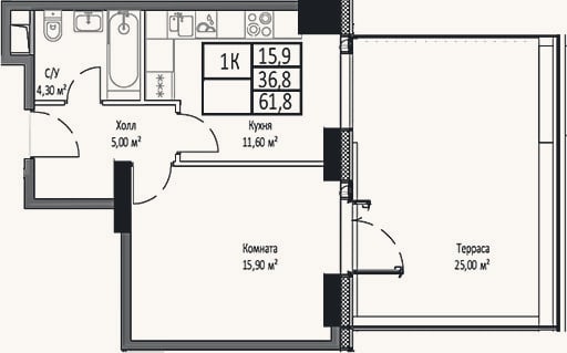 Планировка: 1-к, 36,8 м²