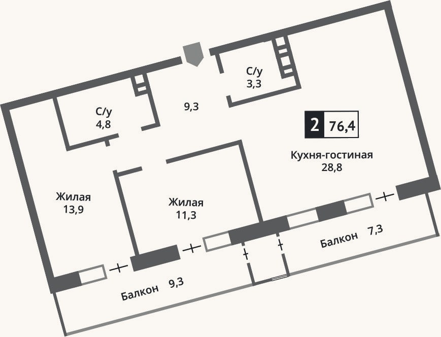 Планировка: 3-к, 71,2 м²