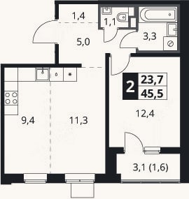 Планировка: 2-к, 43,9 м²