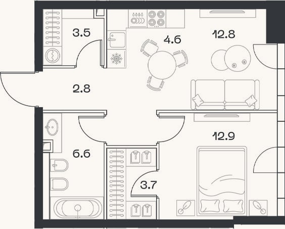 Планировка: 2-к, 48,7 м²