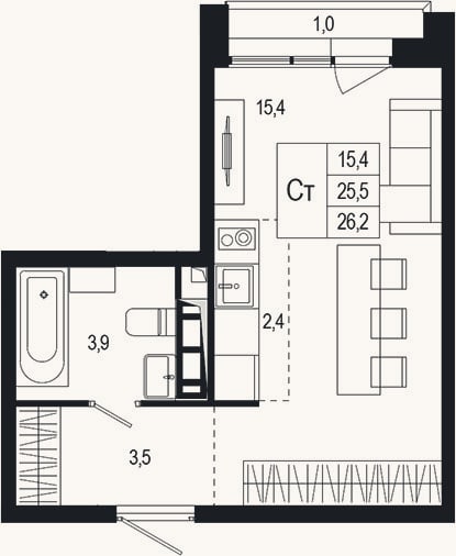 Планировка: Студия, 25,5 м²