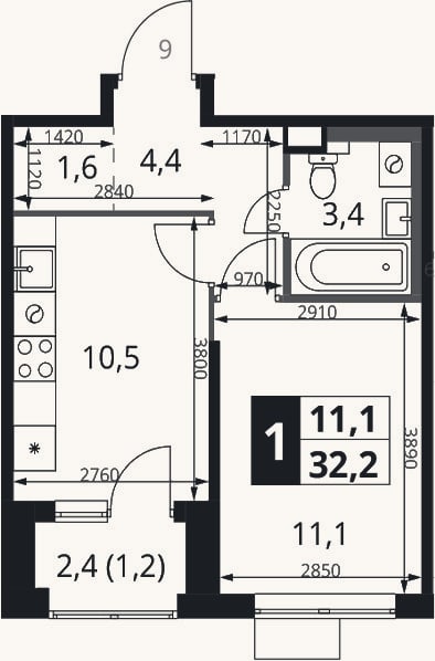Планировка: 1-к, 31 м²