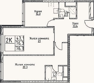 Планировка: 2-к, 76,3 м²
