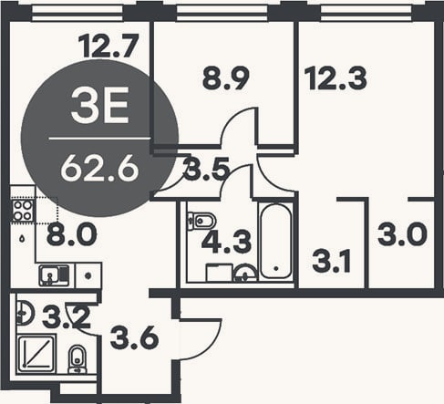 Планировка: 3-к, 62,6 м²