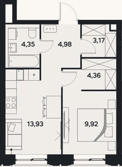 Планировка: 1-к, 40,7 м²