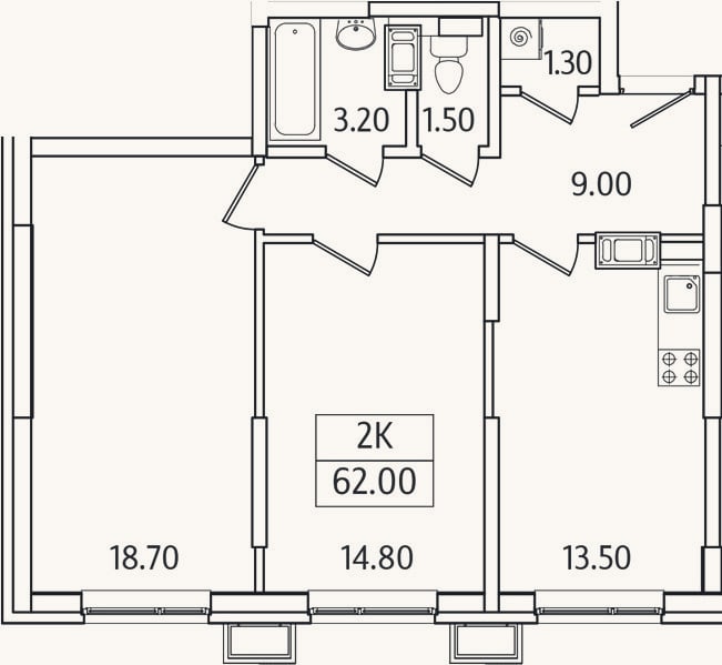 Планировка: 2-к, 62 м²