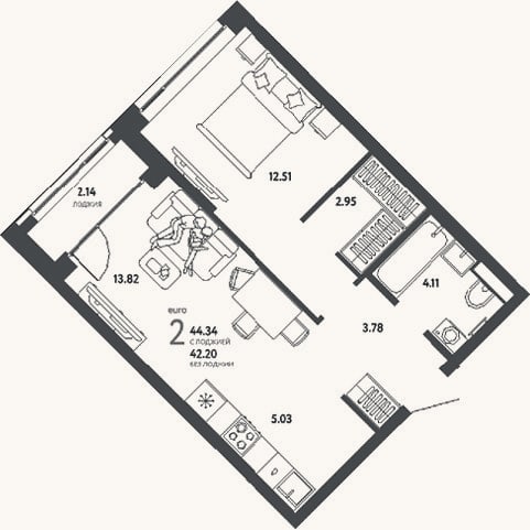 Планировка: 2-к, 42,2 м²