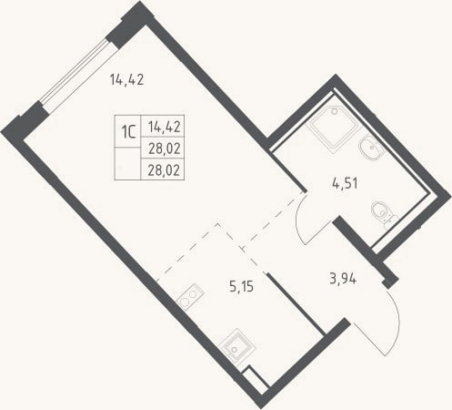 Планировка: Студия, 28 м²