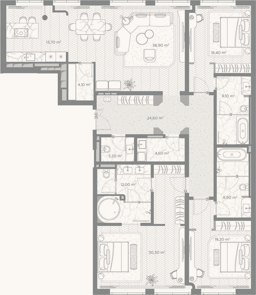 Планировка: 3-к, 185 м²