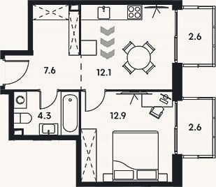 Планировка: 1-к, 36,9 м²
