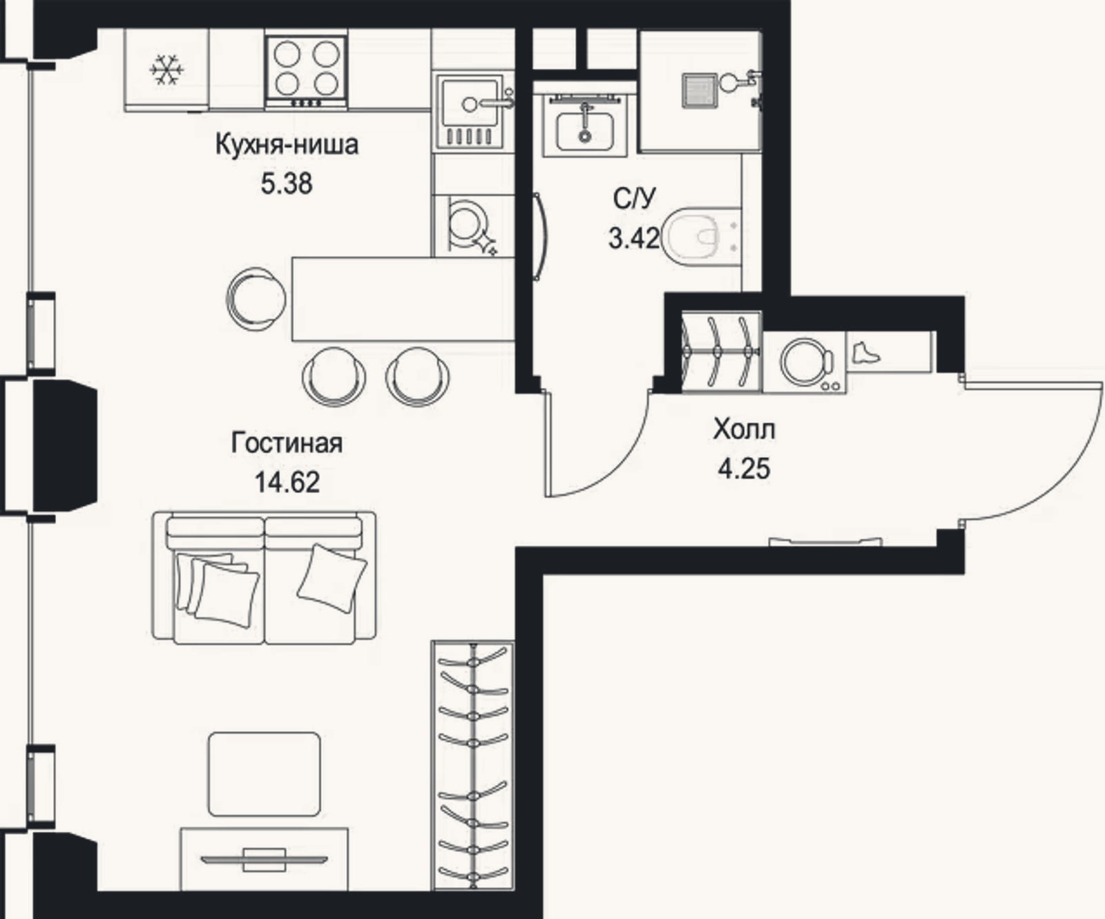 Планировка: Студия, 27,7 м²