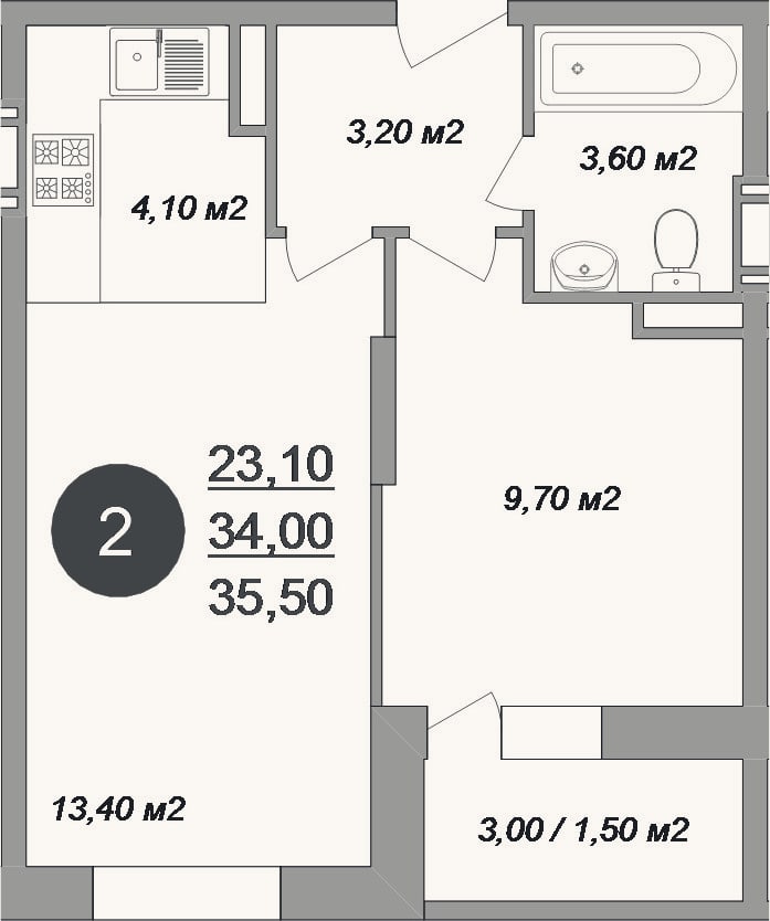Планировка: 2-к, 34 м²