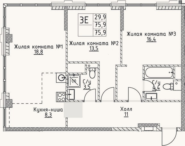 Планировка: 3-к, 75,9 м²