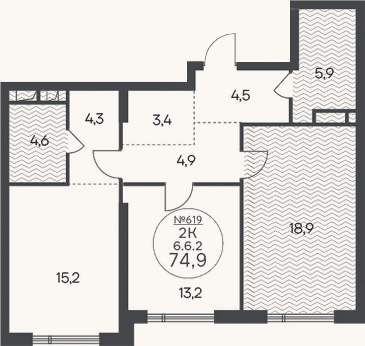 Планировка: 2-к, 74,9 м²