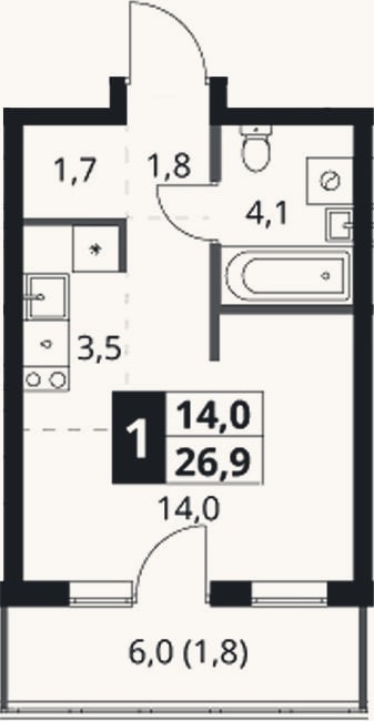 Планировка: Студия, 25,1 м²