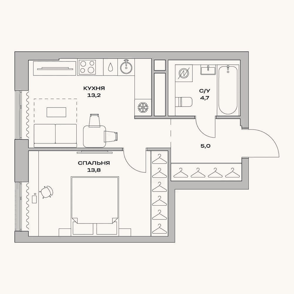 Планировка: 1-к, 36,7 м²