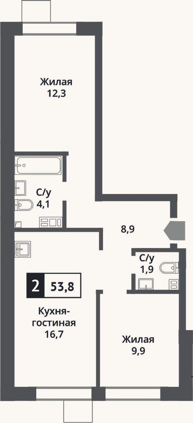 Планировка: 3-к, 53,8 м²