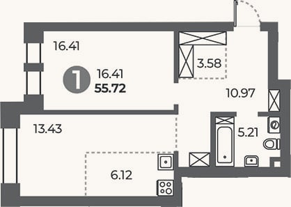 Планировка: 1-к, 55,7 м²