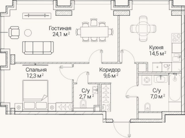 Планировка: 2-к, 70,2 м²