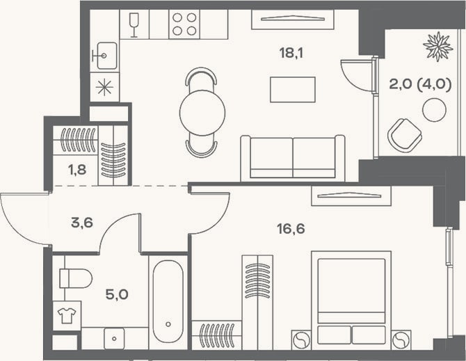 Планировка: 2-к, 45,1 м²