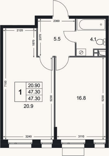 Планировка: 1-к, 47,3 м²