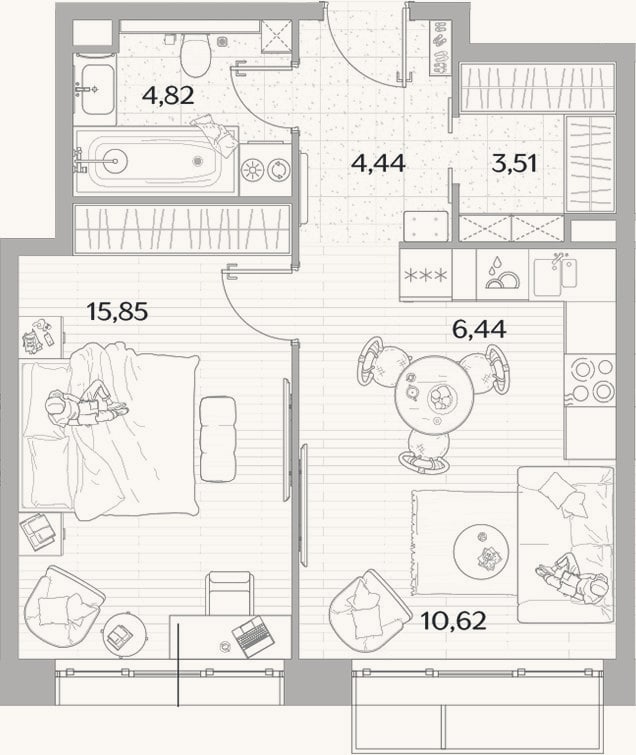 Планировка: 2-к, 45,7 м²