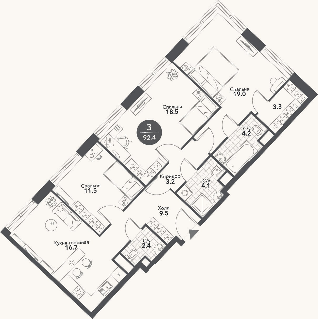 Планировка: 4+ к, 92,4 м²