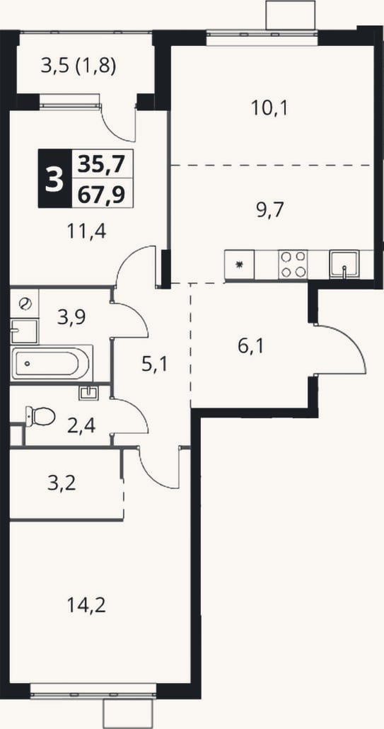 Планировка: 3-к, 66,1 м²