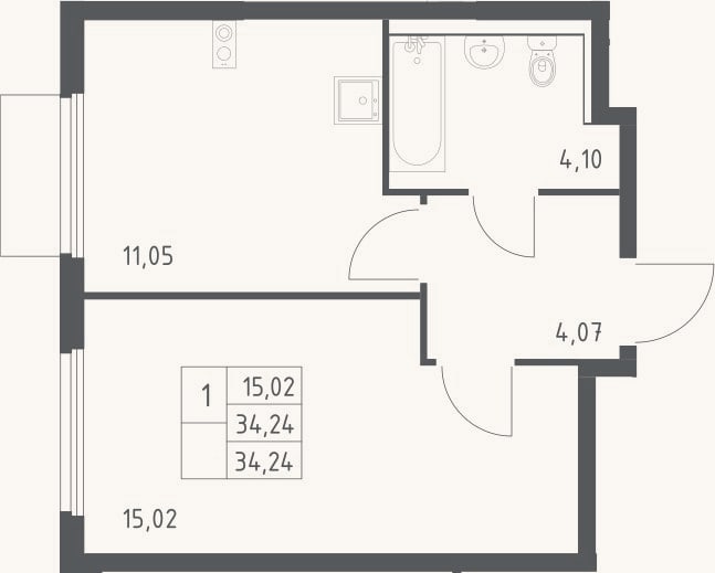 Планировка: 1-к, 34,2 м²