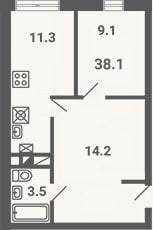 Планировка: 1-к, 38,1 м²
