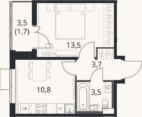 Планировка: 1-к, 31,5 м²