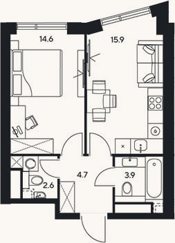 Планировка: 1-к, 41,7 м²