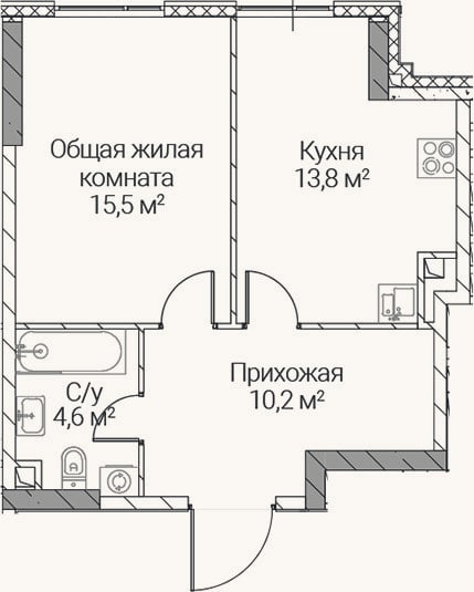 Планировка: 1-к, 44,1 м²