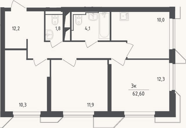 Планировка: 3-к, 62,6 м²