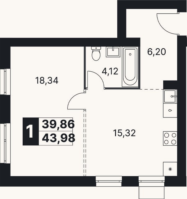 Планировка: 2-к, 44 м²