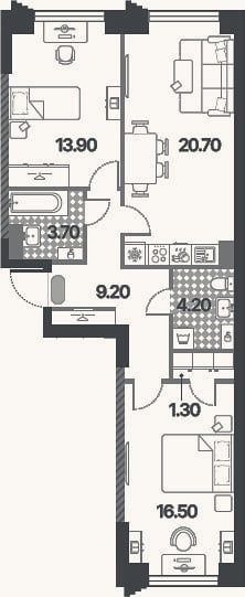 Планировка: 3-к, 69,5 м²
