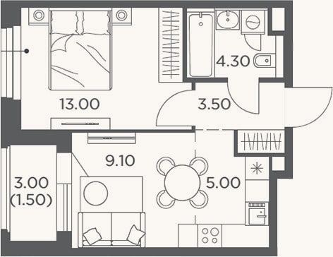 Планировка: 2-к, 34,9 м²