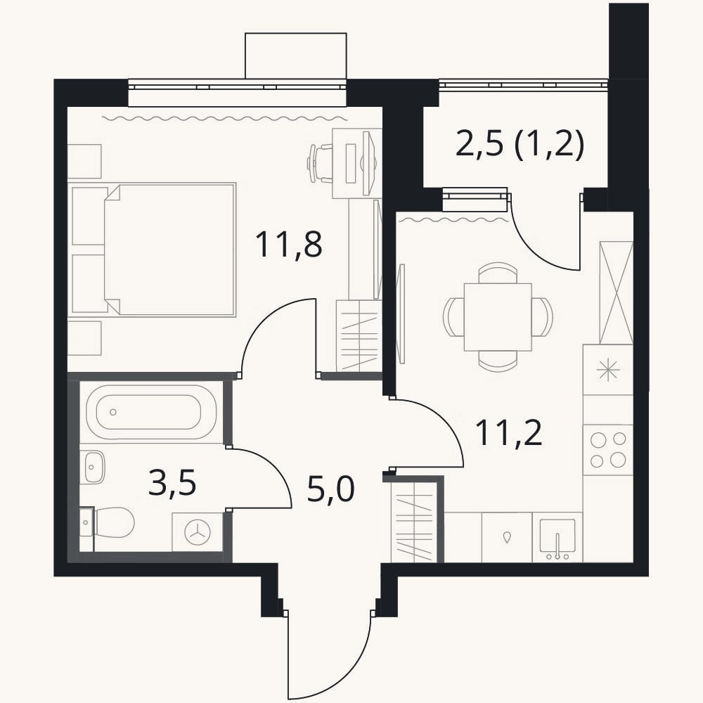 Планировка: 1-к, 31,5 м²