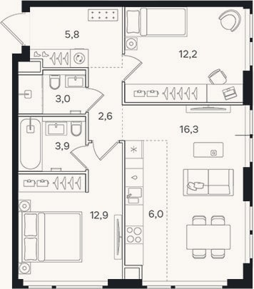 Планировка: 3-к, 62,7 м²