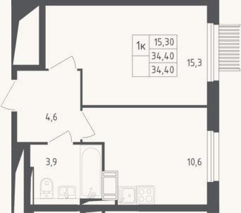 Планировка: 1-к, 34,4 м²