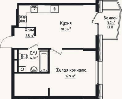 Планировка: 1-к, 42,8 м²