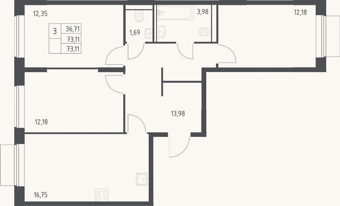 Планировка: 3-к, 73,1 м²