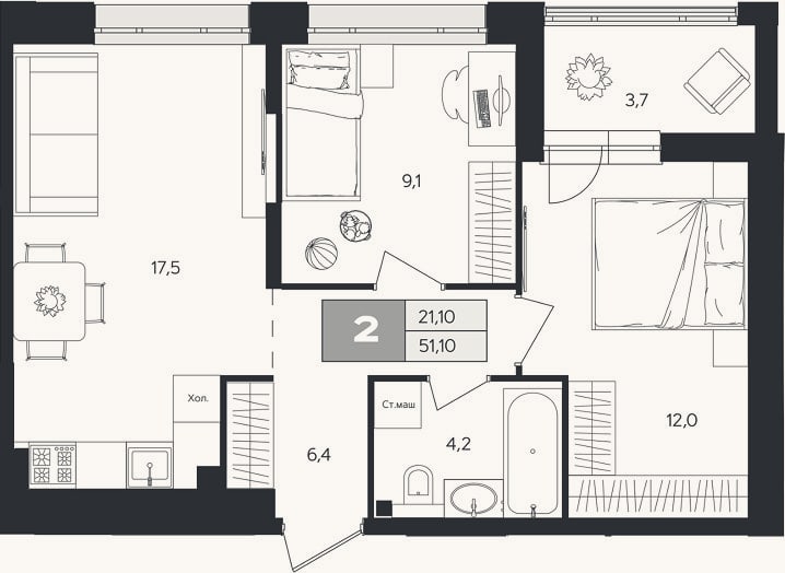Планировка: 2-к, 49,3 м²