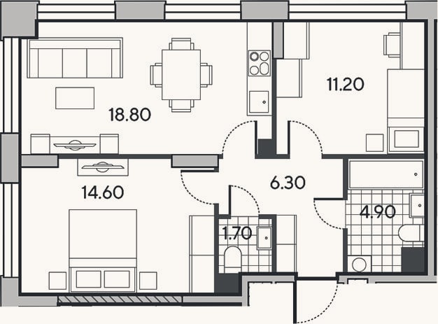 Планировка: 3-к, 57,5 м²