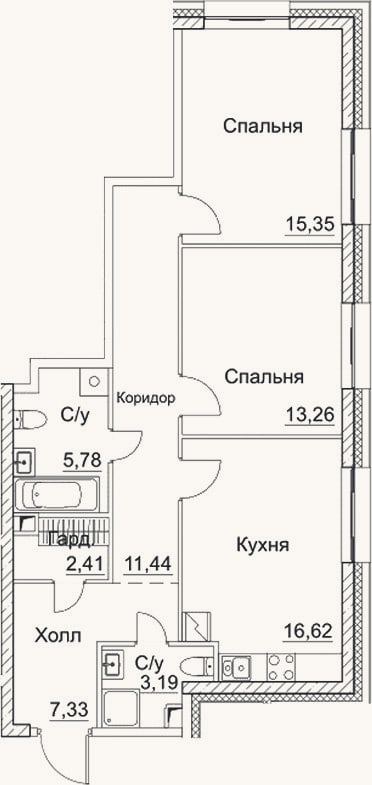 Планировка: 3-к, 75,4 м²