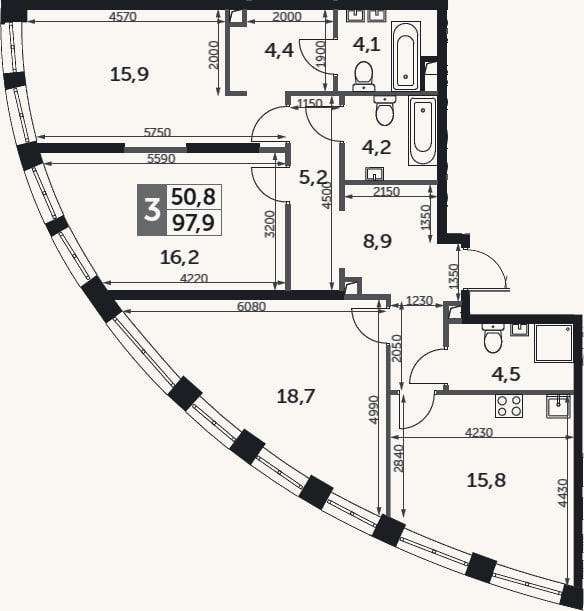 Планировка: 3-к, 97,9 м²