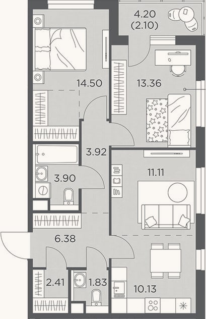 Планировка: 3-к, 67,5 м²