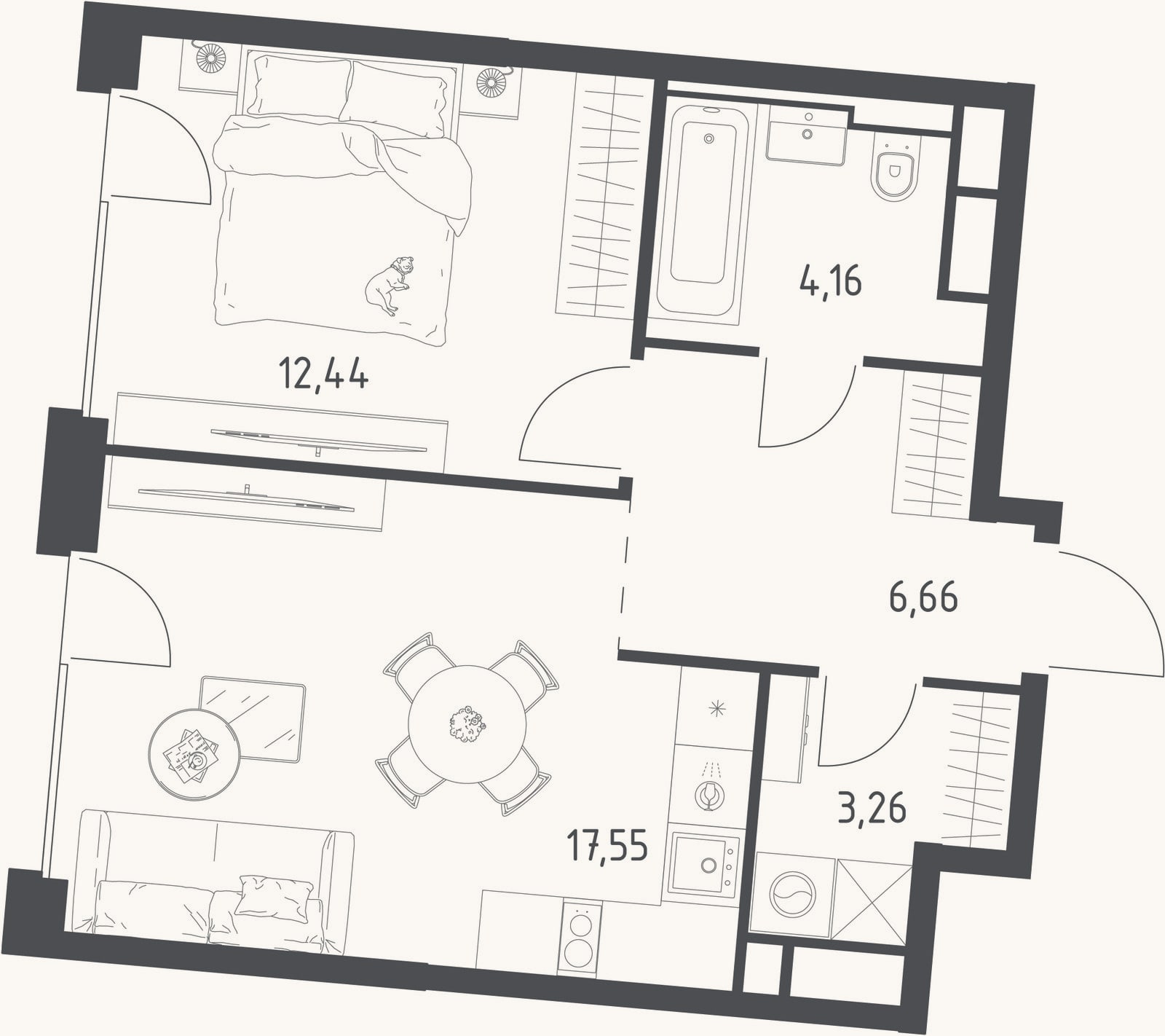 Планировка: 2-к, 44,1 м²