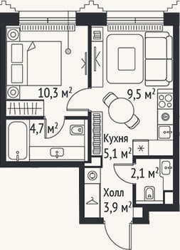 Планировка: 2-к, 35,6 м²